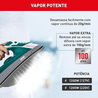 Ferro de Passar a Vapor Arno Steamgliss FSGP com Spray e Base Antiaderente - Verde/Branco branco/verde / 220