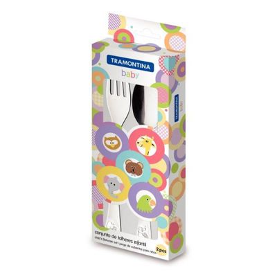 Jogo de Talheres Infantil Tramontina Baby em Aço Inox Acabamento Brilho com Desenho em Alto Relevo 2 Peças