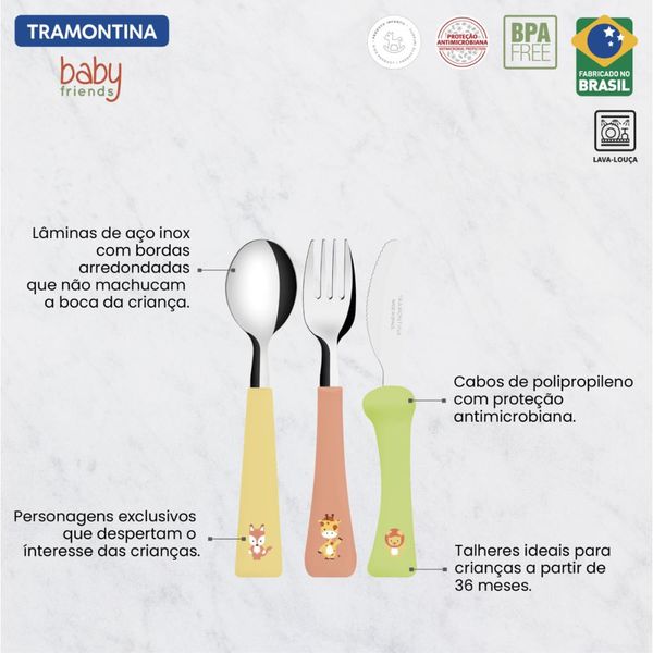 Jogo de Talheres Infantil Tramontina Baby Friends com Laminas de Aço Inox e Cabos de Polipropileno Colorido 03 Peças