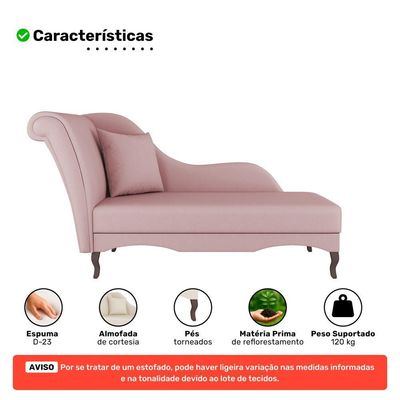 Divã Recamier Chaise Longue Valentina Clássico Com Pés De Madeira Veludo Rosê - Desk Design