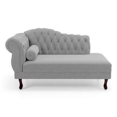 Divã Recamier Lavínia Clássico 120cm Capitonê Com Pés De Madeira Veludo Cinza Claro - Desk Design