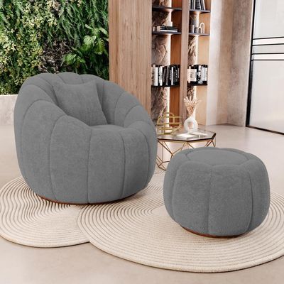 Poltrona Decorativa Concha Fixa Com Puff Estilo Abóbora Shell Bouclê Cinza Escuro - Desk Design