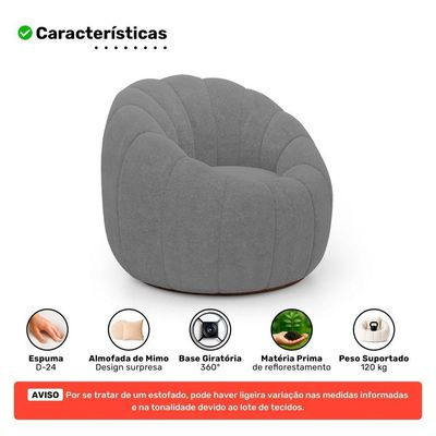 Poltrona Decorativa Estilo Concha Abóbora Shell Giratória Bouclê Cinza Escuro - Desk Design