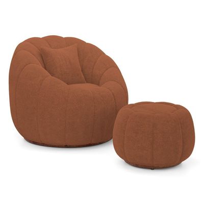 Poltrona Decorativa Concha Giratória Com Puff Estilo Abóbora Shell Bouclê Terracota - Desk Design
