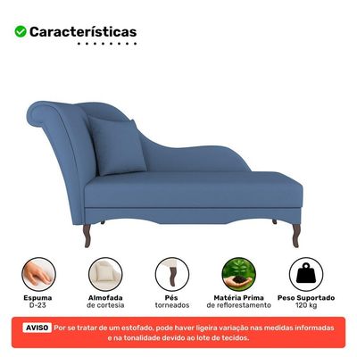 Divã Recamier Chaise Longue Valentina Clássico Com Pés De Madeira Linho Azul Denim - Desk Design