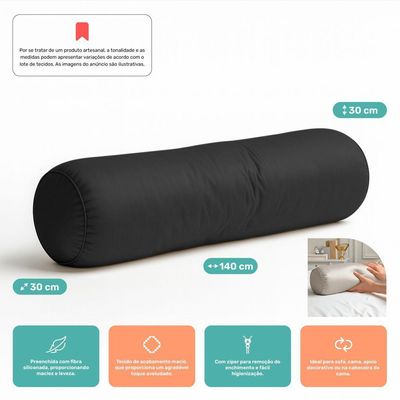 Almofada Travesseiro Bastão Tubo Rolo Dot 140cm Macia Veludo Preto - Desk Design