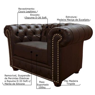 Poltrona Sala de Estar Chesterfield com Pés Madeira Couro Capucino - Gran Belo