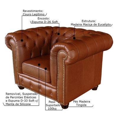 Poltrona Sala de Estar Chesterfield com Pés Madeira Couro Conhaque Brilho - Gran Belo