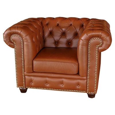Poltrona Sala de Estar Chesterfield com Pés Madeira Couro Conhaque Brilho - Gran Belo