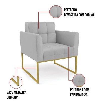 Poltrona Sala Decorativa Elisa Base Industrial Dourada Sintético Cinza D03 - D'rossi