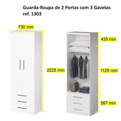 Guarda-roupa 2 Portas 3 Gavetas Modular 1303 Ilan Castanho