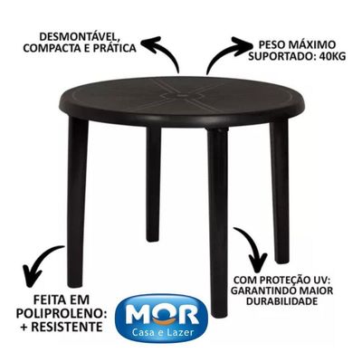 Mesa Plástica Redonda Demontável Mor Preta E Branca Cor Preto