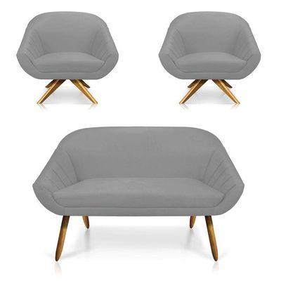 Kit 01 Namoradeira 02 Lugares E 02 Poltronas Giovana Suede Cinza