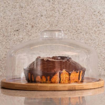 Boleira de Bambu com Cúpula de Plástico 26,5cm Coza Porta Bolo Redondo com Tampa