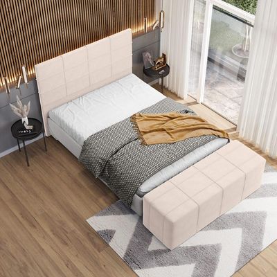 Kit Cabeceira Cama Box King 195cm com Calçadeira Roma W01 Suede Bege - Lyam