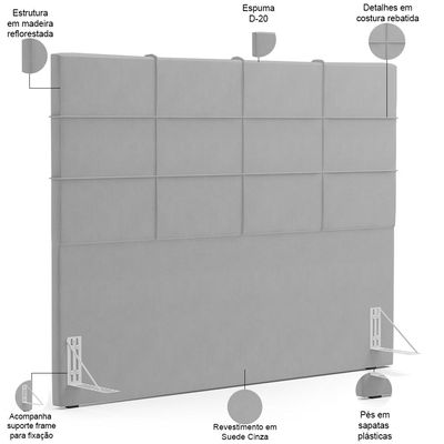 Kit Cabeceira Cama Box Casal 140cm com Calçadeira Roma W01 Suede Cinza - Lyam