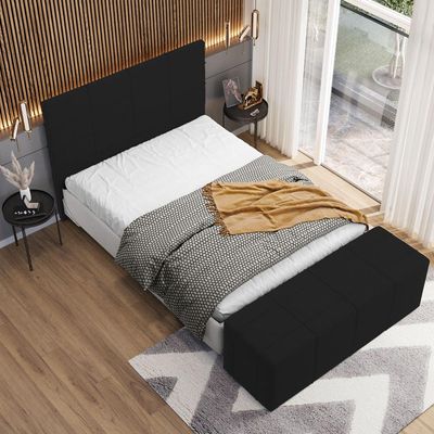 Kit Cabeceira Cama Box Casal 140cm com Calçadeira Roma W01 Suede Preto - Lyam