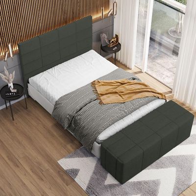 Kit Cabeceira Cama Box Casal 140cm com Calçadeira Roma W01 Linho Verde Musgo - Lyam