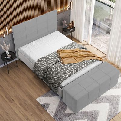 Kit Cabeceira Cama Box Queen 160cm com Calçadeira Roma W01 Suede Cinza - Lyam