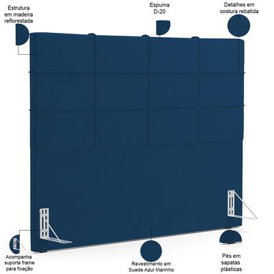 Kit Cabeceira Cama Box Queen 160cm com Calçadeira Roma W01 Suede Azul Marinho - Lyam