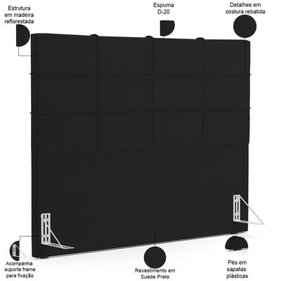 Kit Cabeceira Cama Box King 195cm com Calçadeira Roma W01 Suede Preto - Lyam