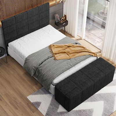 Kit Cabeceira Cama Box Queen 160cm com Calçadeira Roma W01 Linho Chumbo - Lyam