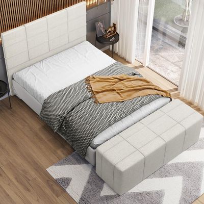 Kit Cabeceira Cama Box King 195cm com Calçadeira Roma W01 Linho Champagne - Lyam