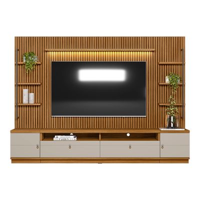Painel para TV até 75 Polegadas Ripado Betina com Rack Bancada e Módulos Laterais Nature e Off White 268x198 cm L04 - D'Rossi