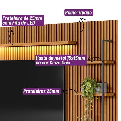Painel para TV até 75 Polegadas Ripado Betina com Rack Bancada e Módulos Laterais Nature e Off White 268x198 cm L04 - D'Rossi