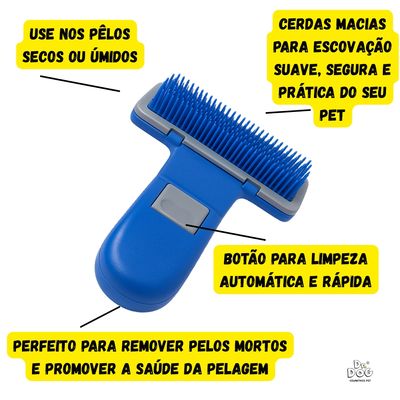 Escova Rasqueadeira Pet Automática p/ Cães Gatos, Remove Nós, Reduz Queda, Para Pelo Curto ou Longo