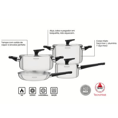 Jogo de Panelas Grano Aço Inox e Baquelite de Indução 4 Peças - Tramontina 65160/000