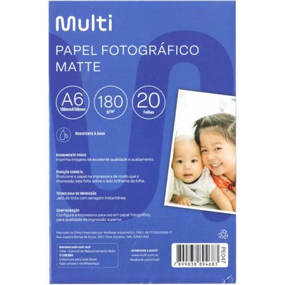 Papel Fotográfico Matte 10X15Cm 180G 20 Folhas Multilaser Pe047