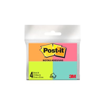 Bloco Adesivo Post It 3M Colorido com 4 Blocos de 50 Folhas 38x50mm UNICA