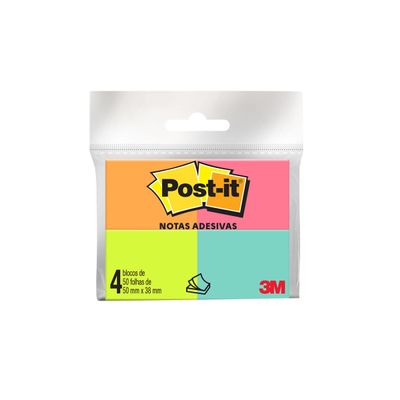 Bloco Adesivo Post It 3M Colorido com 4 Blocos de 50 Folhas 38x50mm UNICA