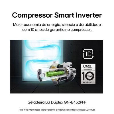 Geladeira LG Frost Free GN-B452PFF Duplex com Tecnologia Smart Inverter, Linear Cooling e DoorCooling Inox Look - 461 litros Inox / 110