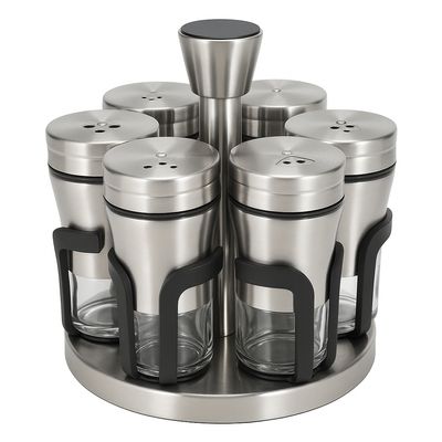 Porta Temperos Giratório Inox com 6 Potes de Vidro Com Visor Design Sofisticado Premium