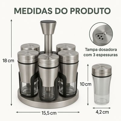 Porta Temperos Giratório Inox com 6 Potes de Vidro Com Visor Design Sofisticado Premium