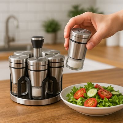 Porta Temperos Giratório Inox com 6 Potes de Vidro Com Visor Design Sofisticado Premium