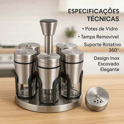 Porta Temperos Giratório Inox com 6 Potes de Vidro Com Visor Design Sofisticado Premium