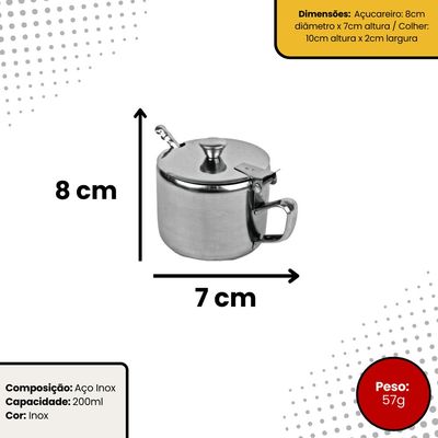Açucareiro de aço inox com colher 200ml
