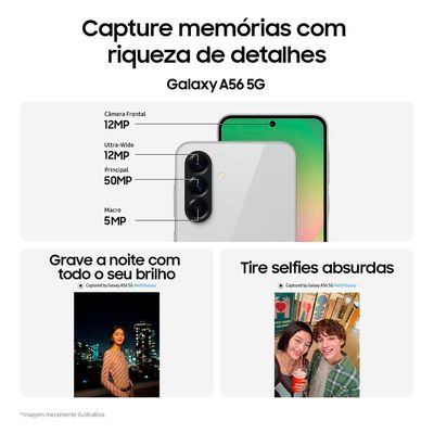 Smartphone Samsung Galaxy A56 5G Verde 128GB 8GB RAM, Câmera Tripla até 50MP, Tela Super AMOLED 6.7", IP67, NFC, Vídeo HDR e Recursos AI