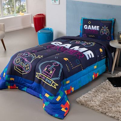 Kit Edredom + Lençol Plush Fofinho Infantil Dupla Face Dream 3 Peças Solteiro - Video Game