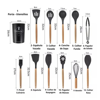 Conjunto De Cozinha De Silicone Concha Pegador Espatula Preto e Cinza Preto