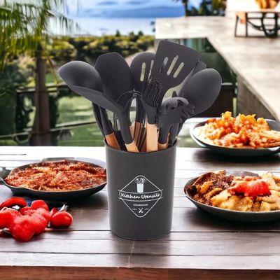 Conjunto De Cozinha De Silicone Concha Pegador Espatula Preto e Cinza Preto