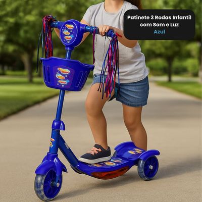 Patinete 3 Rodas Infantil Dobrável com Som e Luz - Azul