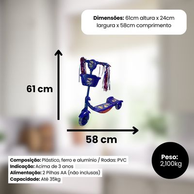 Patinete 3 Rodas Infantil Dobrável com Som e Luz - Azul