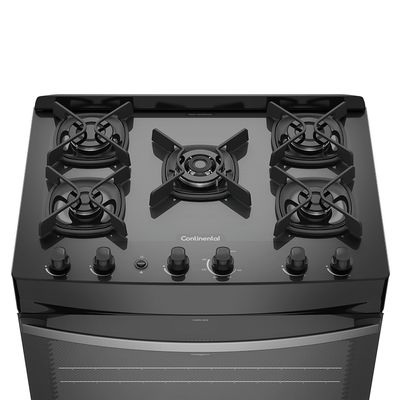 Fogão Continental 5 Bocas FC5GB Preto com Mesa de Vidro, Forno Eco Turbo e Tripla Chama  Bivolt