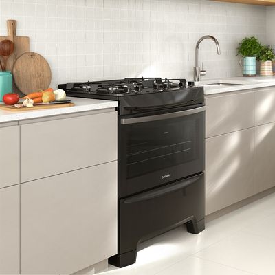 Fogão Continental 5 Bocas FC5GB Preto com Mesa de Vidro, Forno Eco Turbo e Tripla Chama  Bivolt
