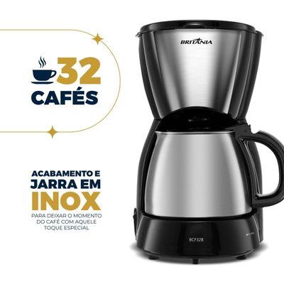 Cafeteira Britânia 32 Cafezinhos 1,2L BCF32B Jarra em Inox 220V
