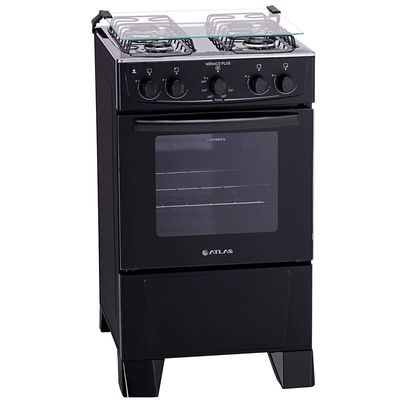 Fogão Atlas 4 Bocas Mônaco Plus com Mesa de Inox e Acendimento Automático Bivolt – Preto